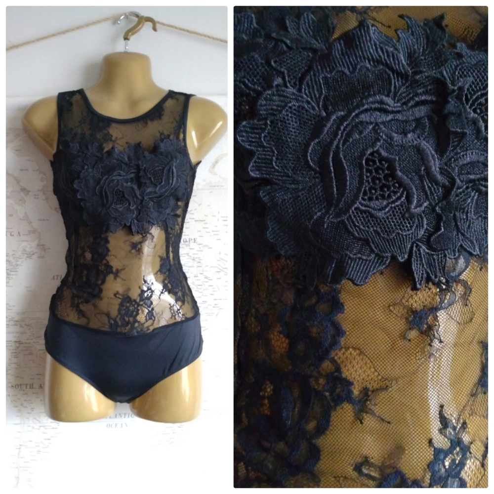 Mesh Lace Lingerie Bodysuit with Panel-Size M